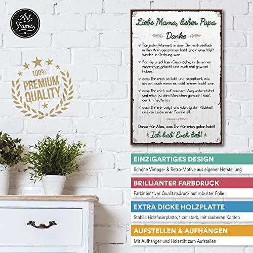 ARTFAVES® HOLZSCHILD MIT Spruch Danke Liebe Mama, Lieber Papa