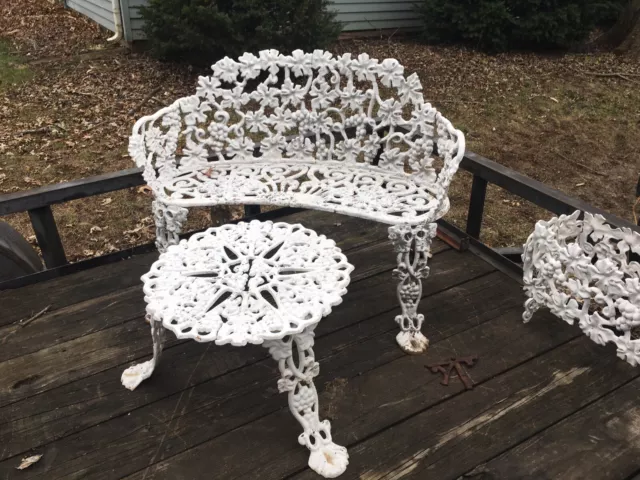 Vintage Victorian Cast Iron Grape and Leaf Vine Garden Bench with Table