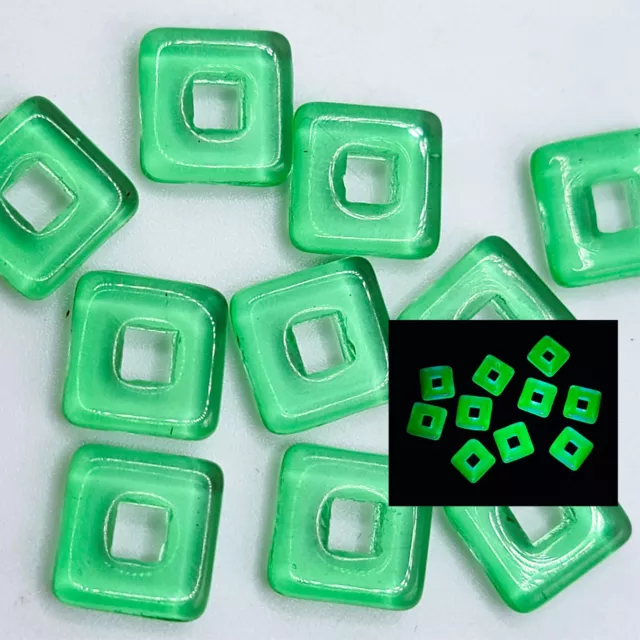 Square Uranium Glass Beads Green 12mm Large Hole 10pcs