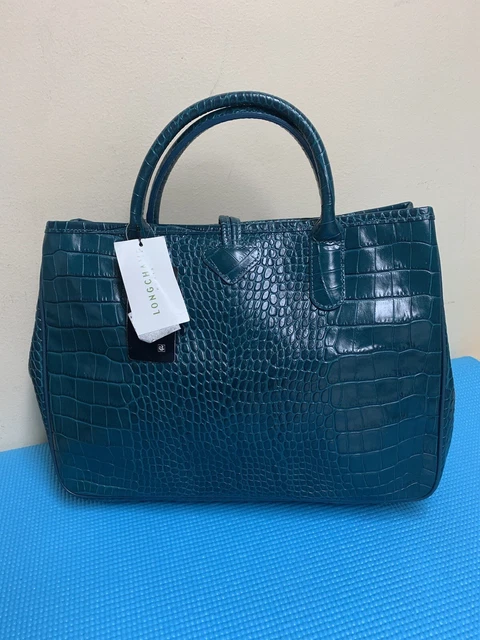 NWT LONGCHAMP CROC EMBOSSED ROSEAU Hobo Shopper Leather Tote Bag Duck Blue 2