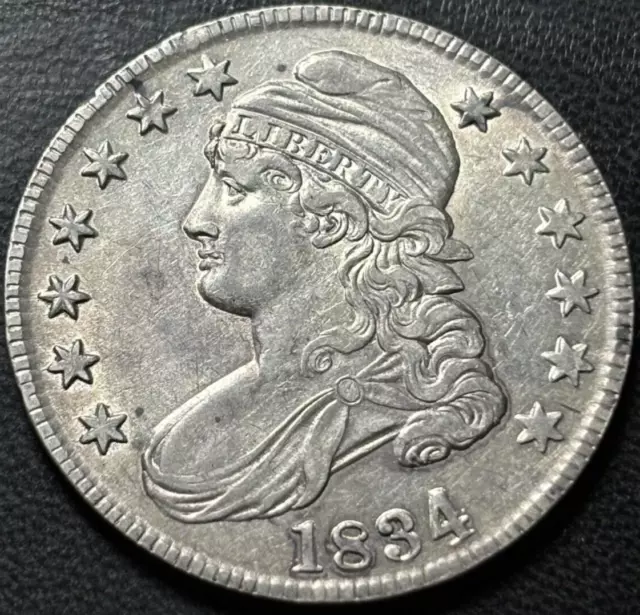 1834 50c Capped Bust Half Dollar. Nice XF/AU Details, Cleaned