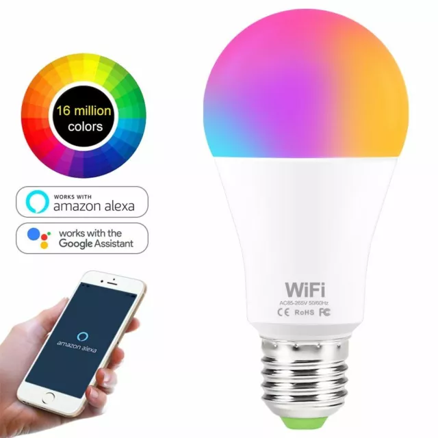 WiFi Smart LED RGB Light Bulb 15W Dimmable Alexa Google Home Control Smartphone