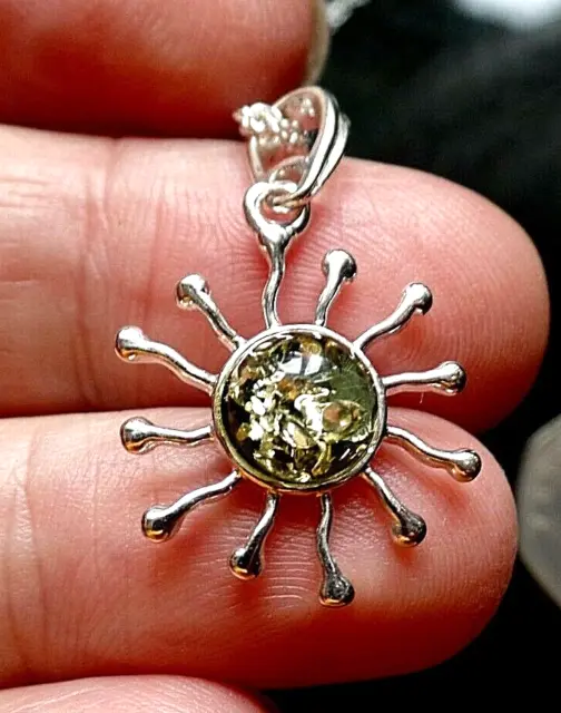 Sterling Silver and Green Amber Flaming Sun Necklace Lucky Taurus Birthstone