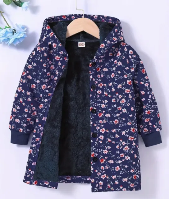 Kids Fur Lined Floral Hooded Jacket / Coat, Navy Blue Age 5-6