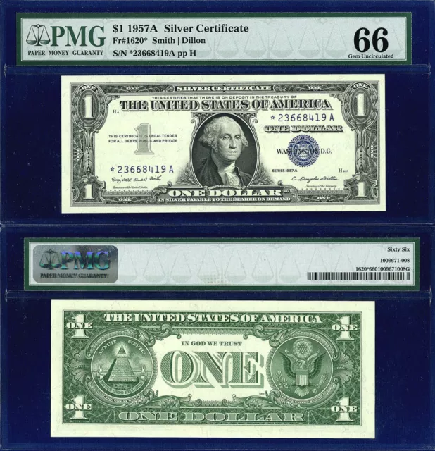 Usa 1957-A Silver Certificate $1 Pmg Gem Unc 66 Epq Star Note