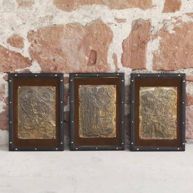 JP De Cayeux à St Tropez - Trois tableaux cubistes laiton repoussé France 1960