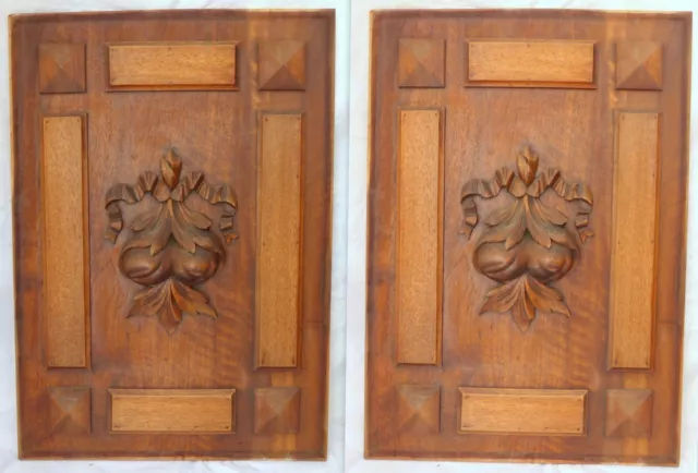23" Antique French Carved Wood Panel Gothic PAIR Fruits Salvage + Ribbons Bow