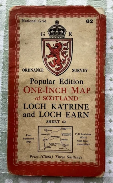 Vintage OS Ordnance Survey One Inch Map Loch Katrine & Loch Earn Sheet 62 c1925