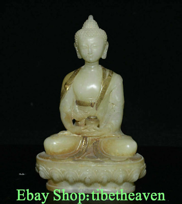 8.4" Old Chinese White Jade Gilt Carving Dynasty Sakyamuni Buddha Jar Statue
