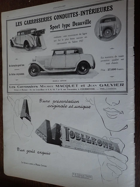 MACQUET GALVIER carrosserie sport+ TOBLERONE publicité papier ILLUSTRATION 1927