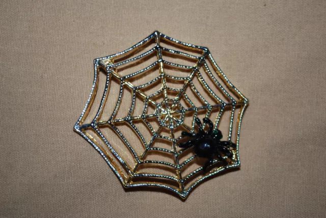 Spider On Web Pin Brooch Halloween Gold Black Green Crystals Free Shipping