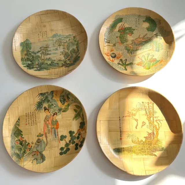 Four Large Chi Hsien Vintage Bamboo Plates Chinese Scenery Dragon Crane Dancers