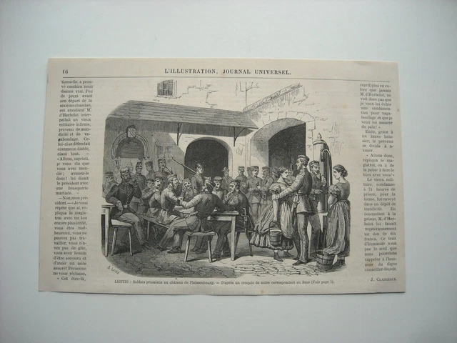 Gravure 1866. Leipzeig, Soldats Prussiens Chateau De Pleissenbourg. Guerre Austr