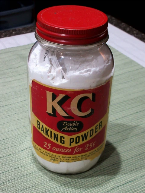 Vintage 1940'S Jaques Mfg. K.c. Baking Powder 25 Ounce Glass Jar Bottle (Full)