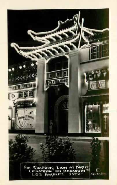 RPPC Postcard Los Angeles China Town The Guarding Lion at Night Forbidden Palace