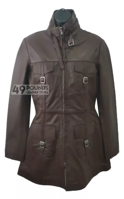 LAUREN Ladies Hip Length Leather Coat Brown Wax Real Leather Long Jacket P-679