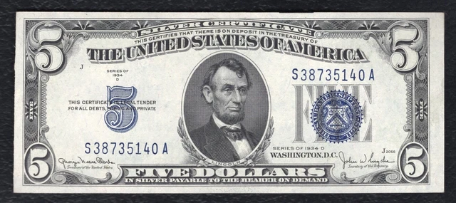 Fr. 1654 1934-D $5 Five Dollars Silver Certificate Note Gem Uncirculated