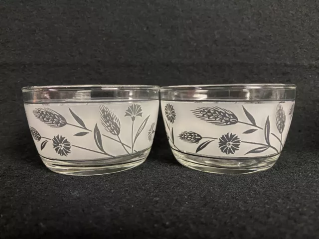 2 Vintage Libbey Glass Dessert Bowls Frosted Silver Wheat Leaf Flower 6 oz.