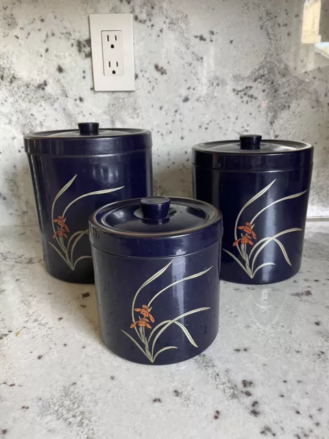 Vintage Japanese Navy Blue w/Iris Floral Lacquer Ware 3-Piece Canister Set