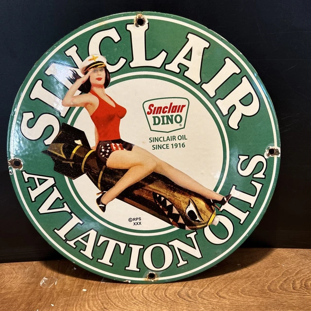 1916 Vintage ''Sinclair Aviation'' Gas &  Oil Pump Plate 12 Inch Porcelain