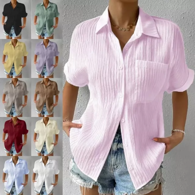 Plus Size  Women Summer Tunic Shirts Short Sleeve Blouse Ladies Button Down Tops