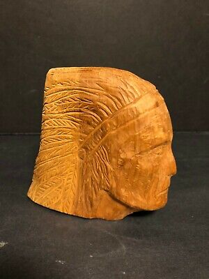 Unique 1969 Artist Signed Folk Art Hand Carved Wood Indian Chief Bust Sculpture!