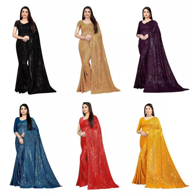 Women Sequins Georgette Party Wear Saree Sequence work With Blouse Piece Dress