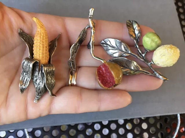 Set 3 Frutti Ciliegia Bacche Mais Argento 800 Miniatura SORINI *105AR Vintage