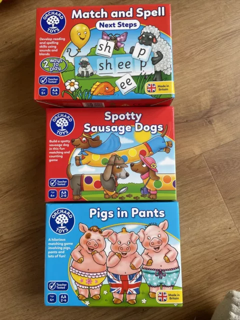 3 X Orchard Toys Education Games Inc Match & Spell Next Step, cane salsiccia spotty