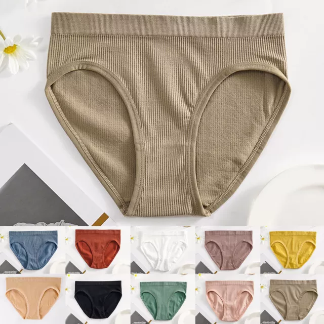 Cotton Womens Underwear Bikini Women Mid Waist Solid Color Ribbed Cotton File