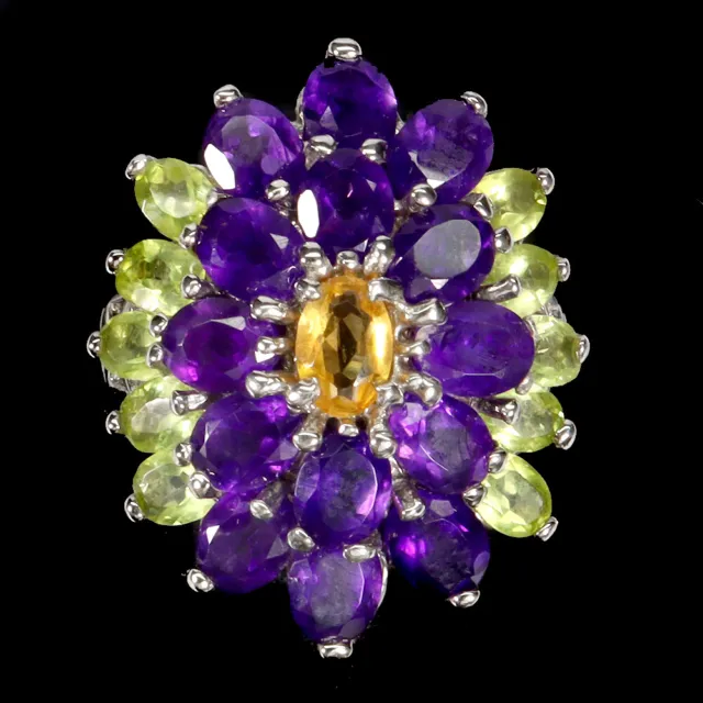 Unheated Oval Citrine 6x4mm Amethyst Peridot 925 Sterling Silver Ring Size 9
