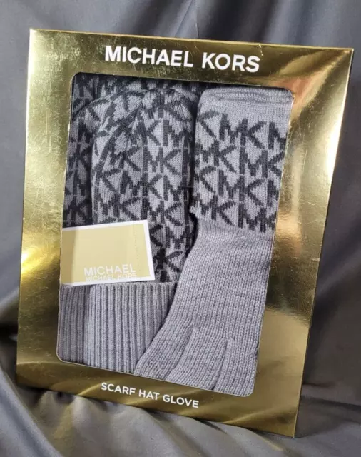 Michael Kors 3 Piece Scarf Hat Glove Boxed Set Gray w/MK Logo FREE SHIPPING! 2