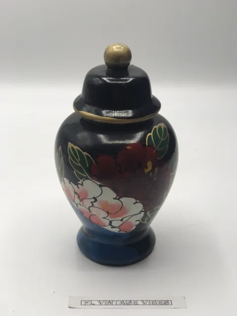 Small Hand Painted Japanese Floral Black/Gold Porcelain Ginger Jar  / Keepsake
