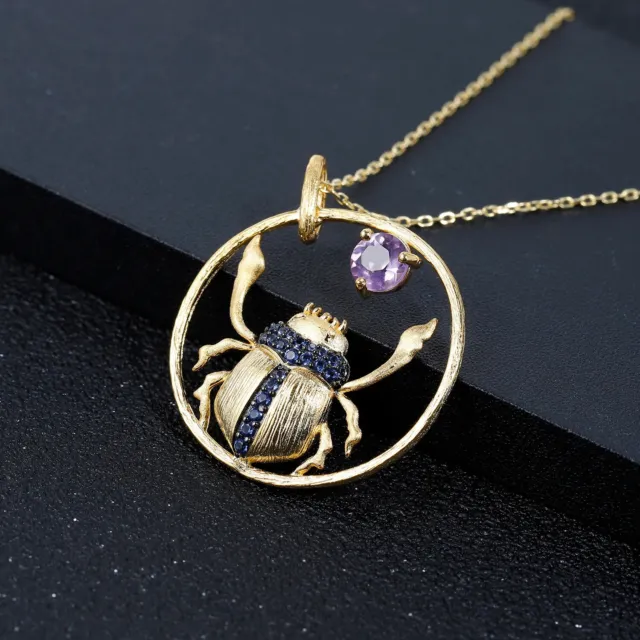 Natural Amethyst 925 Sterling Silver Handmade Insect Bug Beetle Pendant Necklace