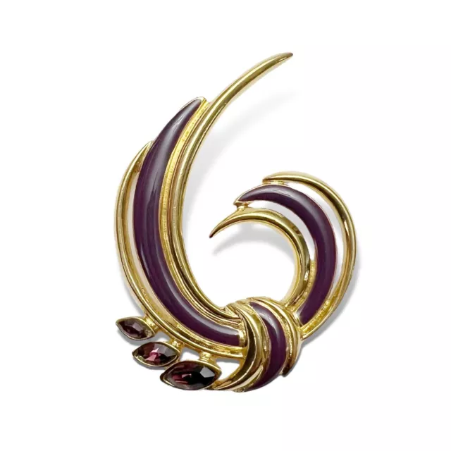 Vintage TRIFARI Purple Goldtone Enamel Rhinestone Swirl Sculptural Pin Brooch