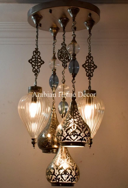 Handcrafted Turkish Blown Glass & Brass Pendant Chandelier, Moroccan Lamp Light