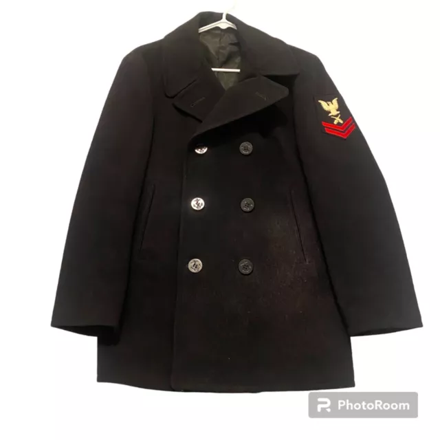 VINTAGE 80'S BLACK Wool U.S. Navy Double Breasted Pea Coat Overcoat ...