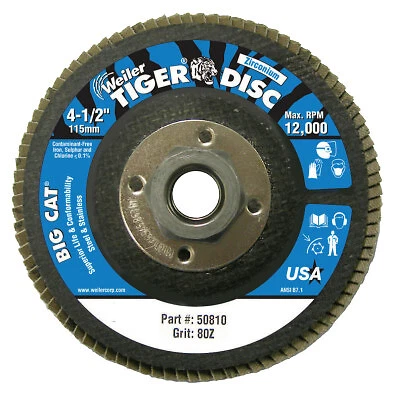 Tiger Big Cat High Density Flap Disc, 4-1/2 in Dia, 80 Grit, 5/8 In-11 Unc