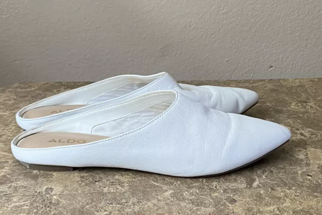 Women's ALDO White Leather Mules Flats Shoes Size 7.5 Pointed Toe