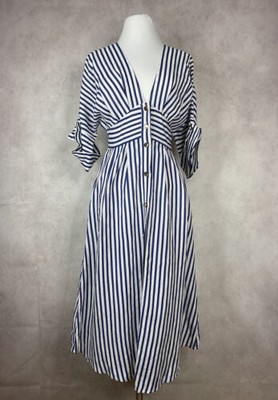 Zara Blue Linen Striped Plunging V-Neck Belted Dress Women's Size S NWT