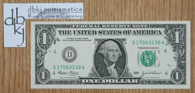2003 $1 Federal Reserve Note FRN - Cleveland - Fr 1928D - DA Block - Uncirc.