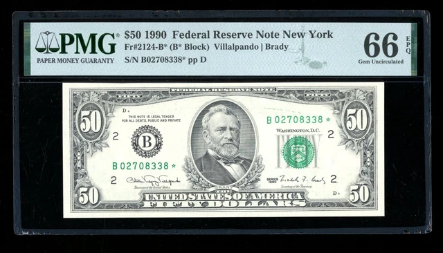 DBR 1990 $50 FRN New York STAR Gem Fr. 2124-B* PMG 66 EPQ Serial B02708338*