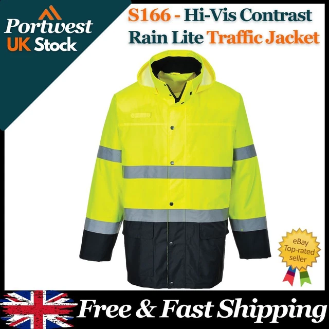 PORTWEST Giacca/Cappotto con cappuccio Hi-Vis Contrasto Impermeabile Pioggia Lite Traffico