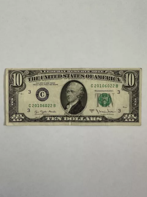 1977 A $10 ten dollar bill Used U.S. Currency Serial Number # C20106022B