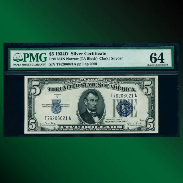 Fr.1654 1934D $5 Five Dollar Silver Certificate TA Block, PMG 64, 06021