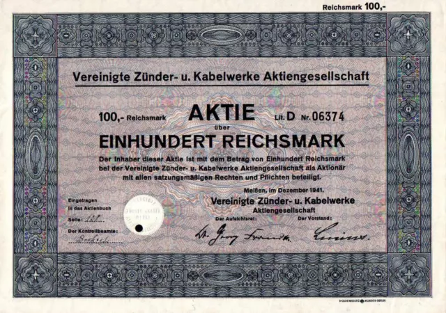 50 Stück Vereinigte Zünder- und Kabelwerke Aktiengesellschaft 1941 100 RM