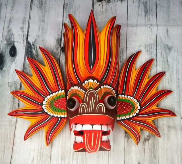 Wooden Wall Fire Mask Traditional Sri Lankan Hang Craved Deco Hanging Devil Hand