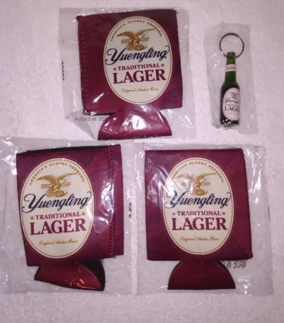 Lot of 3 NIP Yuengling Lager Beer Bottle Can Koozie Coozie  & 1 Keychain Opener