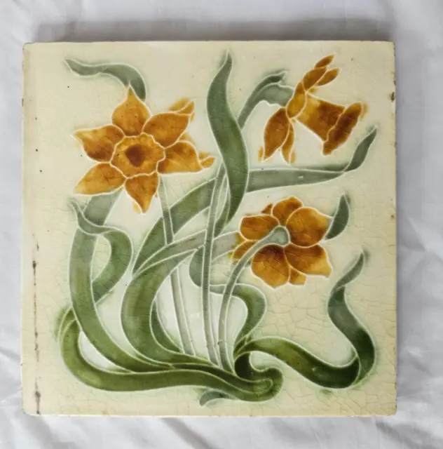 Stunning English Art Nouveau Floral Design 6 Inch Antique Tile