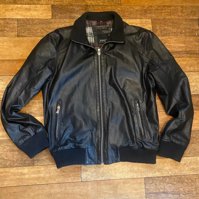 Barney's Originals Mens Black Leather Biker Bomber Jacket Size XL Classic